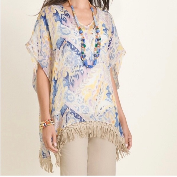 Chico’s Hand Painted Paisley Poncho Linen Fringe Poncho Multi Print Size S/M - Picture 1 of 5
